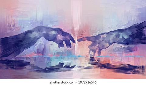 Fine art painting, surrealistic hand painted hands. Michelangelo's masterpiece. Wide extra large artwork with textured brush strokes, gradients, pastel color palette and dark violet paint accents