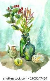  Fine art print  Still life and green objects: glass vases  bottles  pumpkin  bouquet  Wall art decor  Watercolor painting 