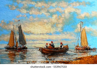 Fine Art,classic Art,boats Fisherman, Paintings Oil