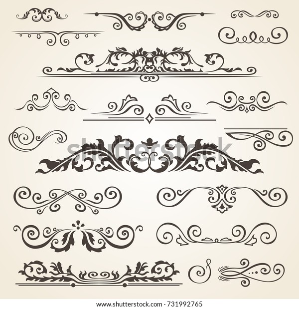 Fine line set of design elements isolated on light
background.  frame element collection. Design book dividers. Floral
design swirls