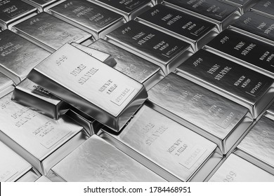 Fine Silver Bars Or Ingots In Bank Vault Background. Precious Metal.3d Illustration