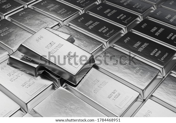 Fine Silver bars or ingots in bank vault\
background. Precious metal.3d\
illustration