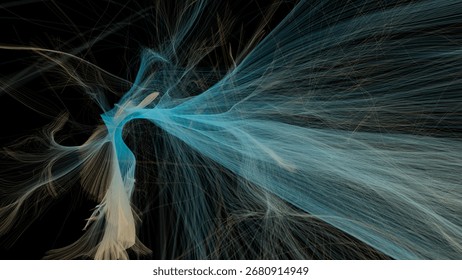 Fine, thread-like lines form an abstract representation of neural fibers in motion. The composition suggests connectivity and signal transmission in a brain-inspired pattern. 3D render