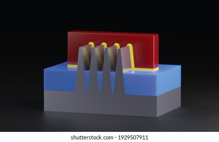 FinFET Transistor. 3D Rendering Model. Illustration For Semiconductor Transistor Structure.