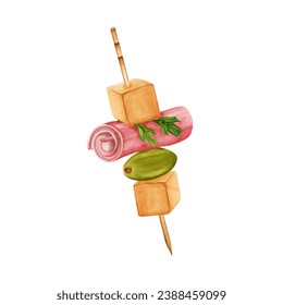 Finger food on a toothstick. Canape with cheese cubes, green olive and ham. Hand drawn watercolor illustration isolated on white background. Catering food design elements for logo, card, invitation. - Powered by Shutterstock