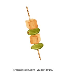 Finger food on a toothstick. Canape with cheese cubes and green olives. Hand drawn watercolor illustration isolated on white background. Catering food design elements for logo, card, invitation. - Powered by Shutterstock