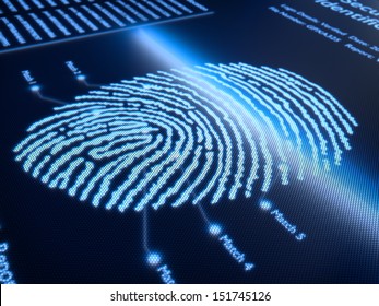 Fingerprint scanning technology on pixellated screen - 3d rendered with slight DOF