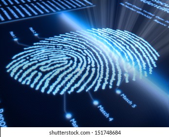 Fingerprint scanning technology on pixellated screen - 3d rendered with slight DOF