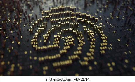 Fingerprint Sign Made Of Fluctuating Golden Numbers. Digital Identity, Electonic ID Or Personal Data Concepts. 3D Rendering