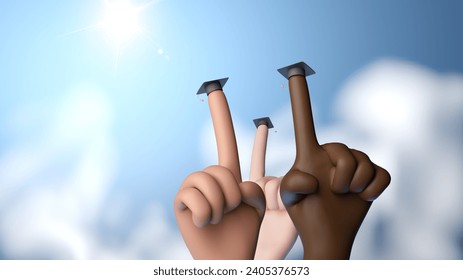 Fingers of diverse students wearing congratulatory hats for inclusion in education or study success. 3D rendering - Powered by Shutterstock