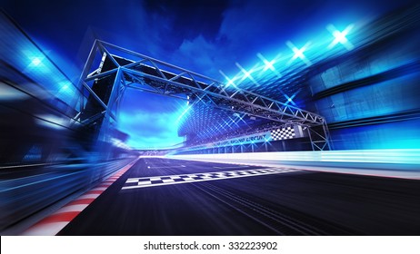 finish gate on racetrack stadium and spotlights in motion blur, racing sport digital background illustration