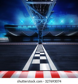 Finish Line Gate On The Racetrack In Motion Blur Side View, Racing Sport Digital Background Illustration