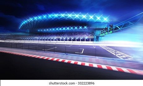 Finish Line Gate On Racetrack With Stadium In Motion Blur, Racing Sport Digital Background Illustration