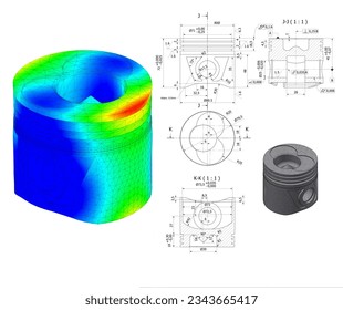 finite element method, FEM, analysis and Engineering Technical Drawing Graphics of a piston from a combustion engine in a car