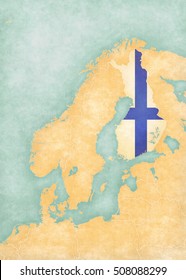 Finland (Finnish Flag) On The Map Of Scandinavia. The Map Is In Soft Grunge And Vintage Style, Like Watercolor Painting On Old Paper. 