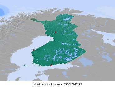 Finland Map, Map Of Finland With Capital And Major Cities - 3D Rendering. 3d Map Colored Considering Vegetation And Land Use.