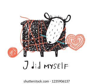 Finny Crocheting Sheep In Messy Yarn.  