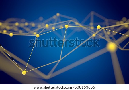 Fintech technology and Blockchain network concept , Distributed ledger technology ,  Yellow Distributed connection atom and text with blue background , 3d rendering