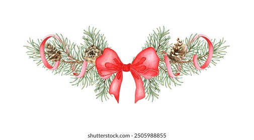 Fir branch with green needles, cones, pink ribbon and bow watercolor illustration. Forest plants for winter and Christmas decor. Isolated from the background. Pine, fir, larch, juniper, larch, conifer - Powered by Shutterstock