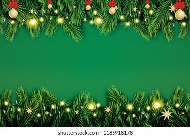 Fir Branch with Neon Lights, Christmas Ball and Stars on Transparent Background. 