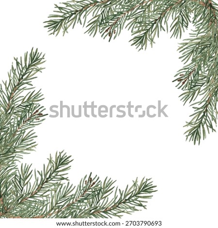 Fir branches square frame, border. Corner Compositions with Winter plants. Hand drawn watercolor illustration of pine branches. Perfect for Christmas and New Year design, winter invitations, cards