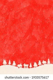 Fir Tree And House And Snow Country And Stars And Snow And Red Christmas Background