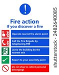 Fire action emergency sign with clear steps: 
Contain signs and instructions for the actions to be taken in case of fire.