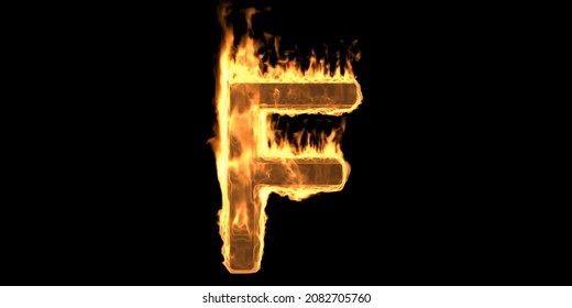 Fire alphabet letter F, flaming burn font. Burning flame text with smoke and fiery effect. Hot glowing design element isolated on black background. 3d illustration