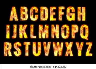 Fire alphabet letters. isolated on black background