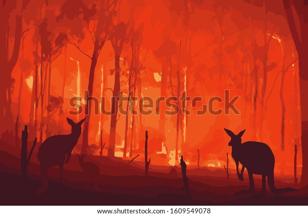 Fire in Australia. Forest fires with\
silhuette of wild animals kangaroo. Pray for\
Australia.