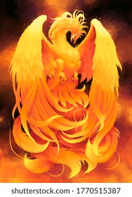 Fire bird Phoenix on the flaming smoke background. Digital painting.