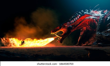 Fire breathes explode from a giant dragon on a heroic medieval knight on a horse in a black night, the epic battle between good and evil - concept art - 3D rendering
