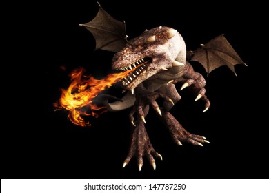Fire breathing dragon on a black background. Room for text or copy space