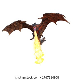 Fire breathing green dragon or wyvern fantasy creature flying and attacking an enemy below. 3D illustration isolated on a white background. 
