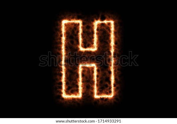 黒い背景に大文字の英語のアルファベット文字hの書体に火を焚きます 3dレンダリングイラスト 標識記号と熱フレーム点火と煙 のイラスト素材