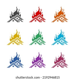 Fire In Burning House Icon. Set Icons Colorful