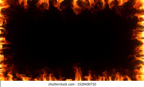 Fire Burning In Slow Motion. A Fiery Frame Surrounding The Screen On Black Isolated Background. 3d Illustration