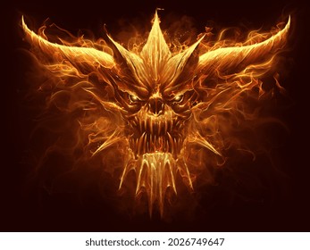 Fire Demon Head On The Dark Background. Digital Painting.