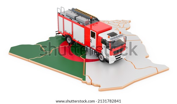 Fire department in\
Algeria. Fire engine truck on the Algerian map. 3D rendering\
isolated on white\
background