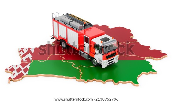 Fire department in\
Belarus. Fire engine truck on the Belarusian map. 3D rendering\
isolated on white\
background