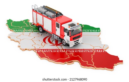 Fire Department In Iran. Fire Engine Truck On The Iranian Map. 3D Rendering Isolated On White Background