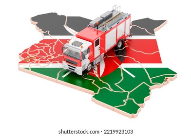 Fire Department In Kenya. Fire Engine Truck On The Kenyan Map. 3D Rendering Isolated On White Background