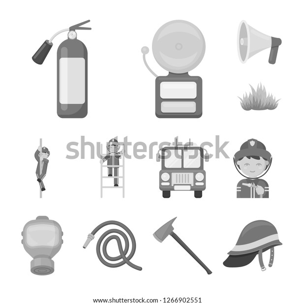 Fire Department monochrome icons in set\
collection for design. Firefighters and equipment bitmap symbol\
stock web\
illustration.