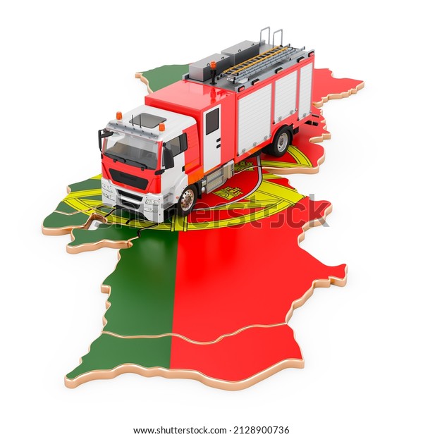 Fire department in\
Portugal. Fire engine truck on the Portuguese map. 3D rendering\
isolated on white\
background
