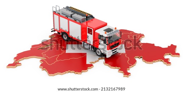 Fire department in\
Switzerland. Fire engine truck on the Swiss map. 3D rendering\
isolated on white\
background