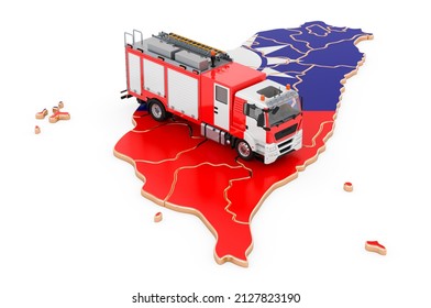 Fire Department In Taiwan. Fire Engine Truck On The Taiwanese Map. 3D Rendering Isolated On White Background