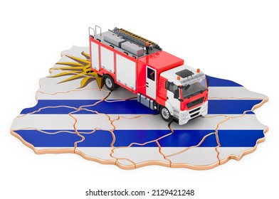 Fire department in Uruguay. Fire engine truck on the Uruguayan map. 3D rendering isolated on white background