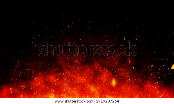 Fire embers particles over black background. Fire\
sparks background. Abstract dark glitter fire particles lights.\
bonfire in motion\
blur.