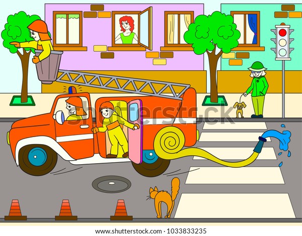 Fire engine is driving around the city.\
Nursery tale, cartoon, color black lines on a blank background.\
Raster illustration