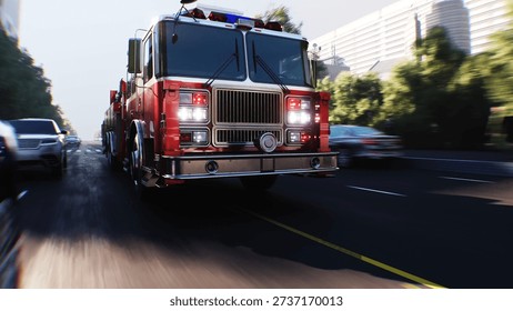 An fire engine, fire rescue driving fast on a city street.3d rendering. 3D Illustration